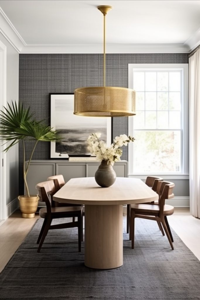 An inviting dining room with tranquil gray walls and a rustic wooden table.