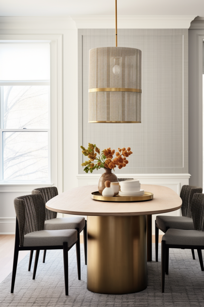 Creating a tranquil dining room with gold table and chairs.