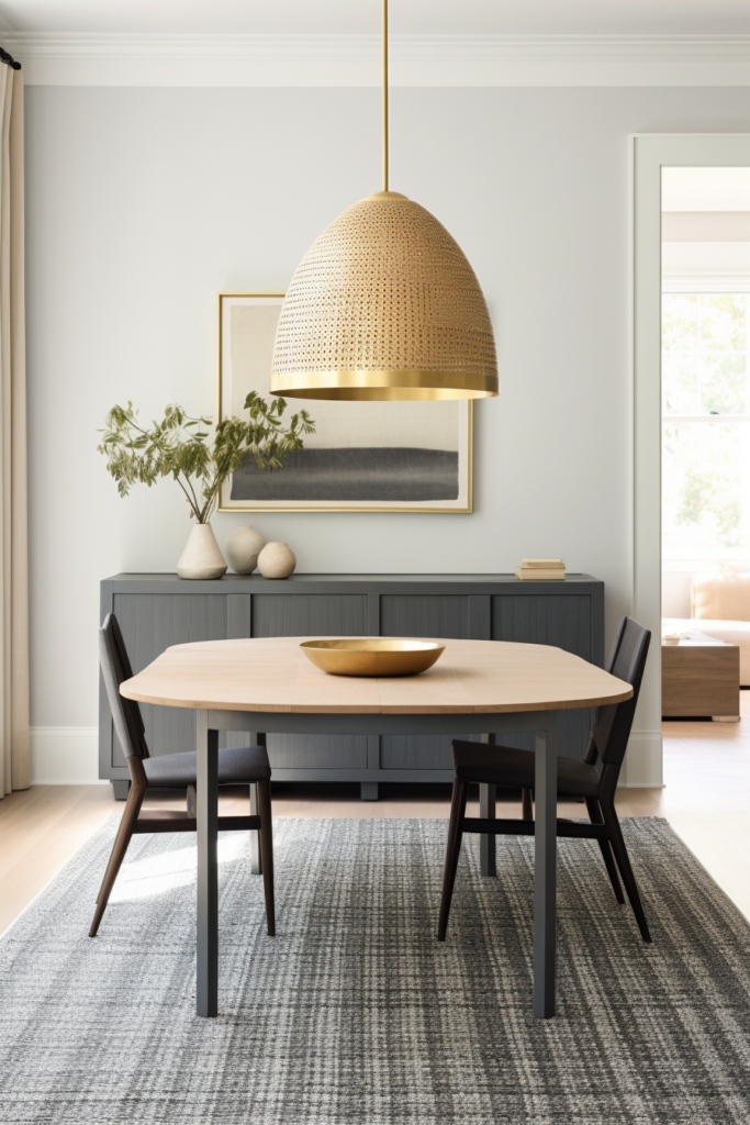 Creating a tranquil dining room with a wooden table and chairs on a grey carpet.