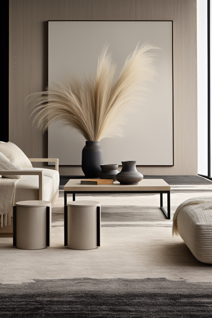Creating a tranquil atmosphere, this living room features a vase of grass and is accentuated with a grey carpet.