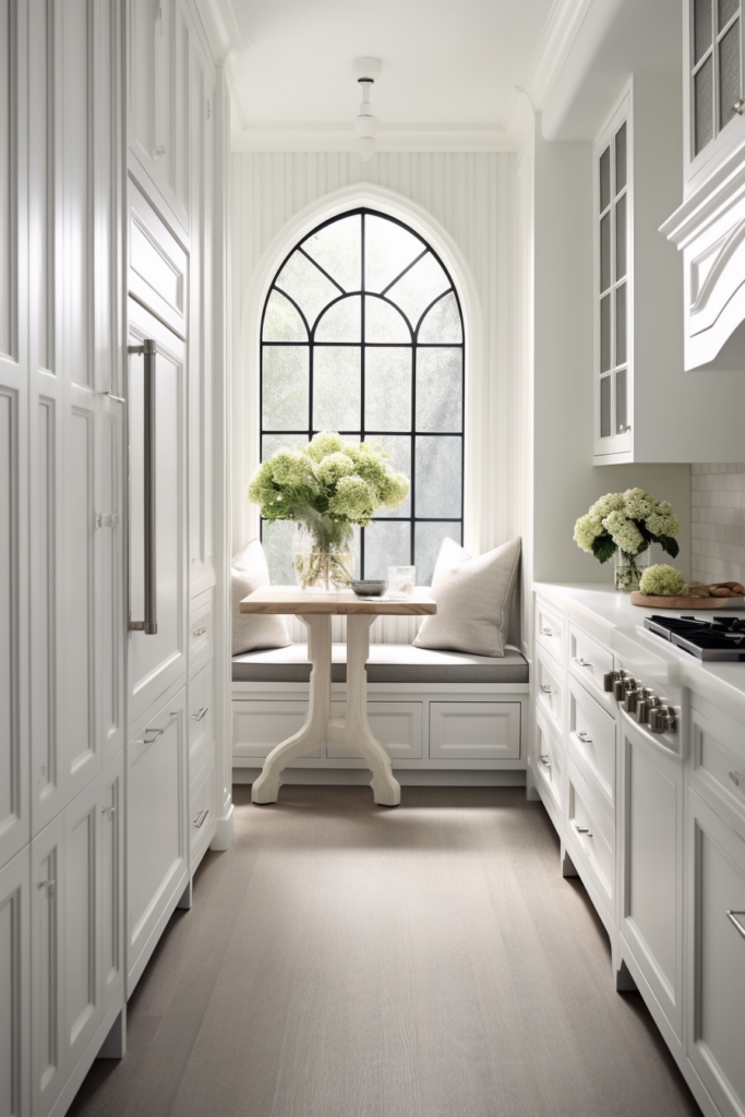 A stylish white kitchen with an arched window.