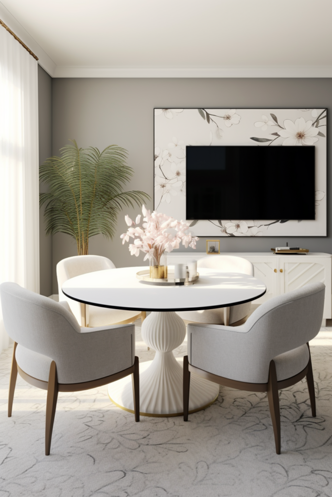 A dining room with a stylish white table and chairs, curated with a TV.
