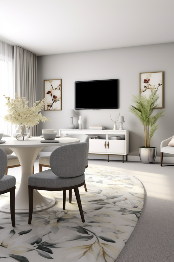 3d rendering of a stylish dining room with a white table and chairs.
