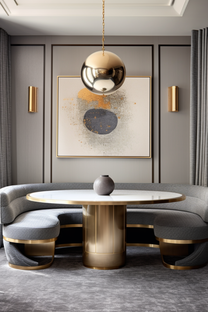 A stylish round table with a white tablecloth and a gold and silver art above it, creating a gathering spot in the room.