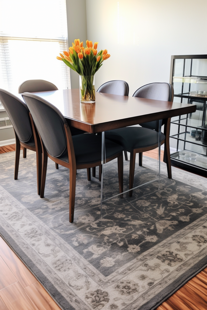 A stylish dining room set with a table, chairs, and a vase of flowers.