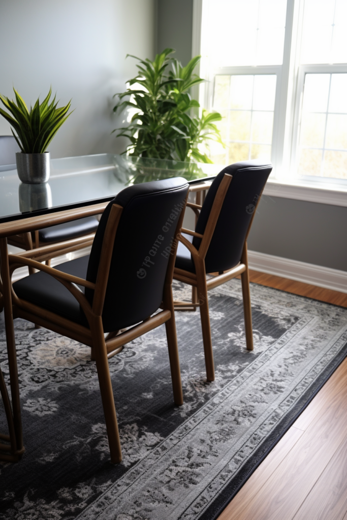 A stylish dining room table with chairs and a plant on it.