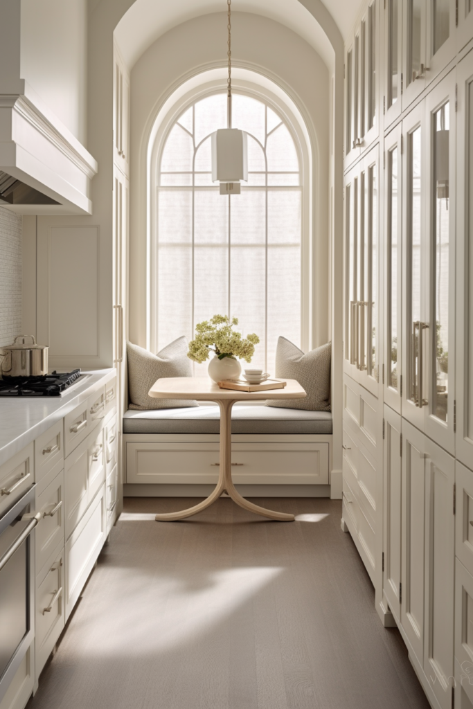 A stylish kitchen with an arched window.