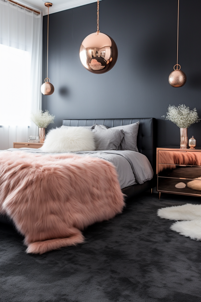A cozy bedroom with a dark grey carpet and a fur rug.