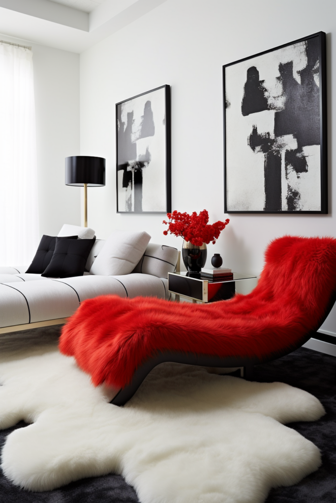 In a tranquil sleep space, there is a red and black couch on a dark grey carpet.