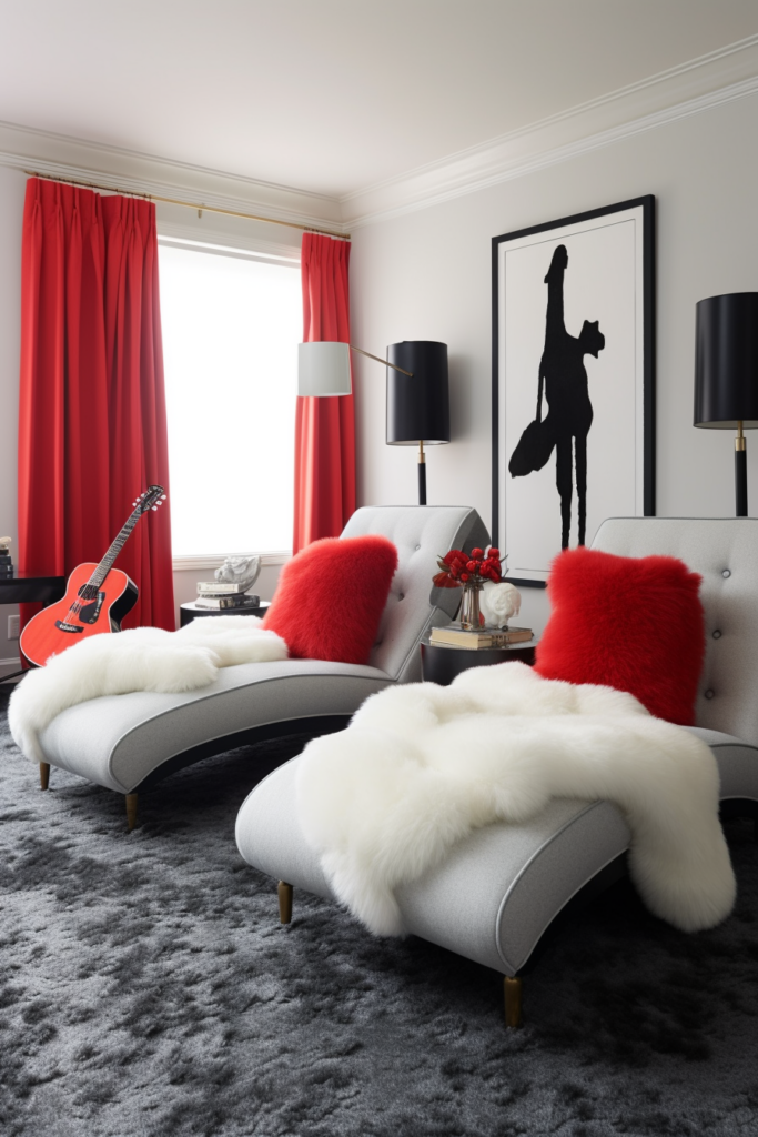 A cozy bedroom with red curtains and a couple of chaise lounges.