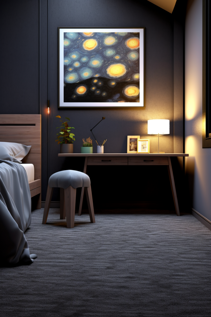 Create a cozy bedroom space with a tranquil sleep environment featuring a bed and desk, complemented by a dark grey carpet.