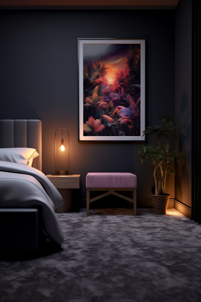 A cozy bedroom with a tranquil sleep space and a painting on the wall.