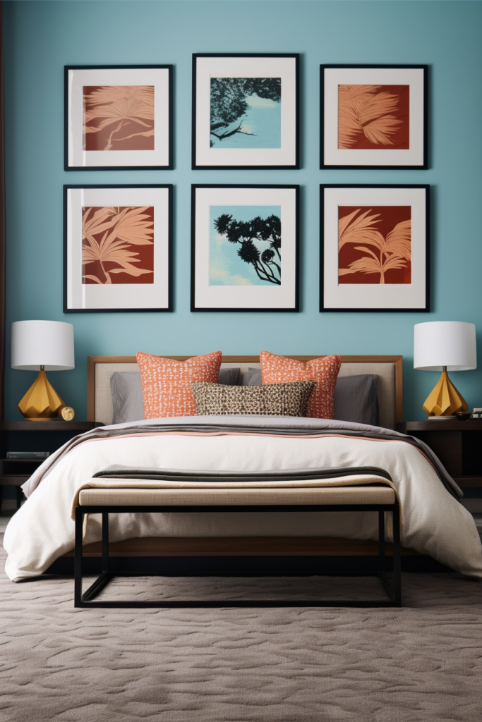 A cozy bedroom with blue walls and framed pictures, creating a tranquil sleep space.