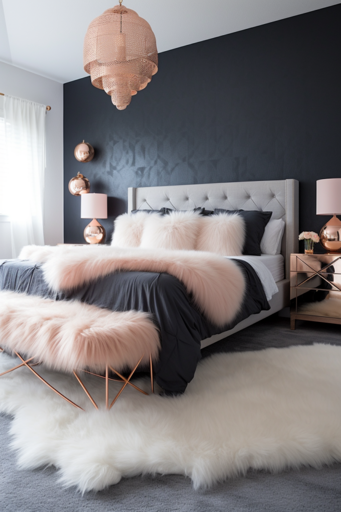 A tranquil sleep space with a black and pink bedroom, featuring a cozy fur rug.