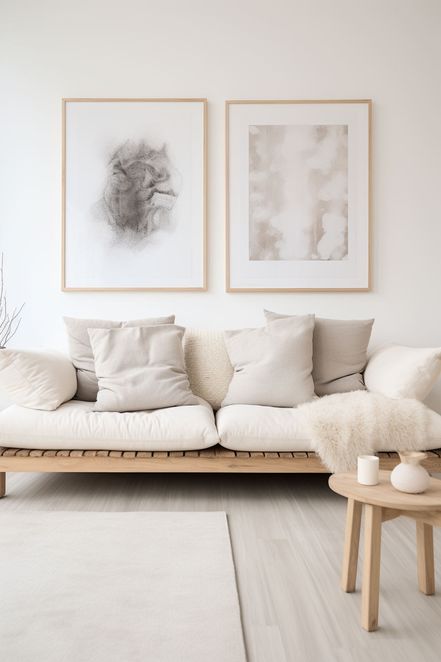 A cozy living room with a white couch and two minimalist paintings on the wall.