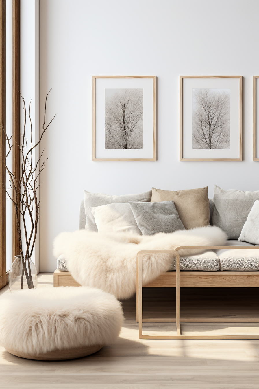 A cozy living room with a white couch and framed pictures.