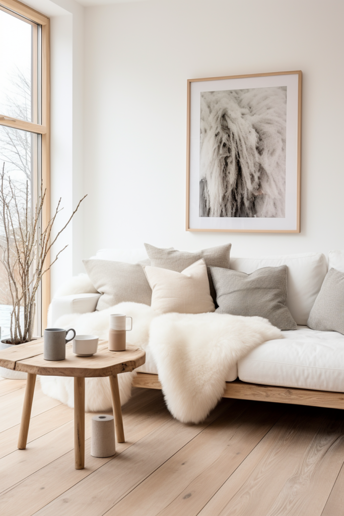 A cozy white couch in a minimalist living room with wooden floors.