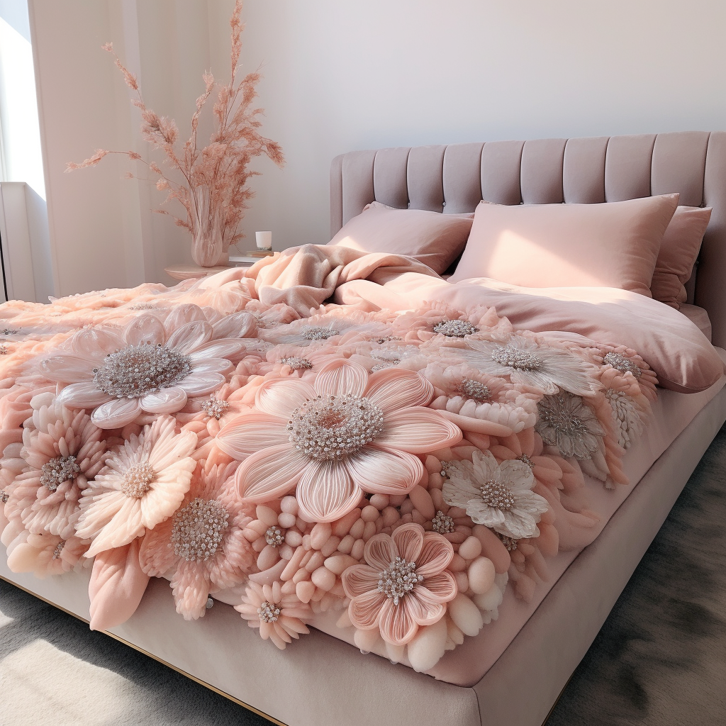 A dreamy bedroom with pink flowers on the bed.