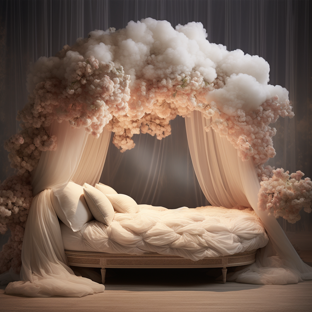 This fantasy bed features a dreamy design with a canopy made out of clouds, awakening imagination.
