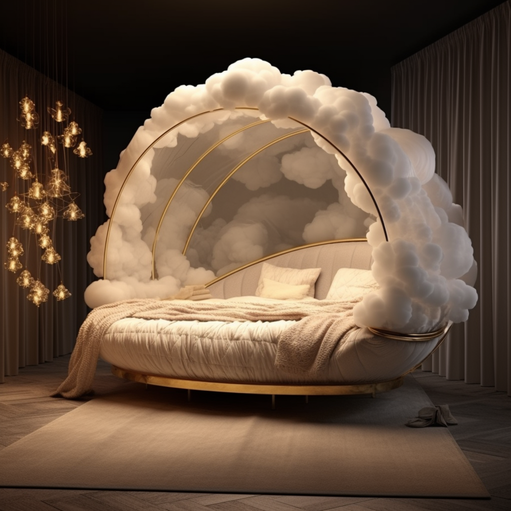 A dreamy bed with a cloud canopy, awakening imagination.