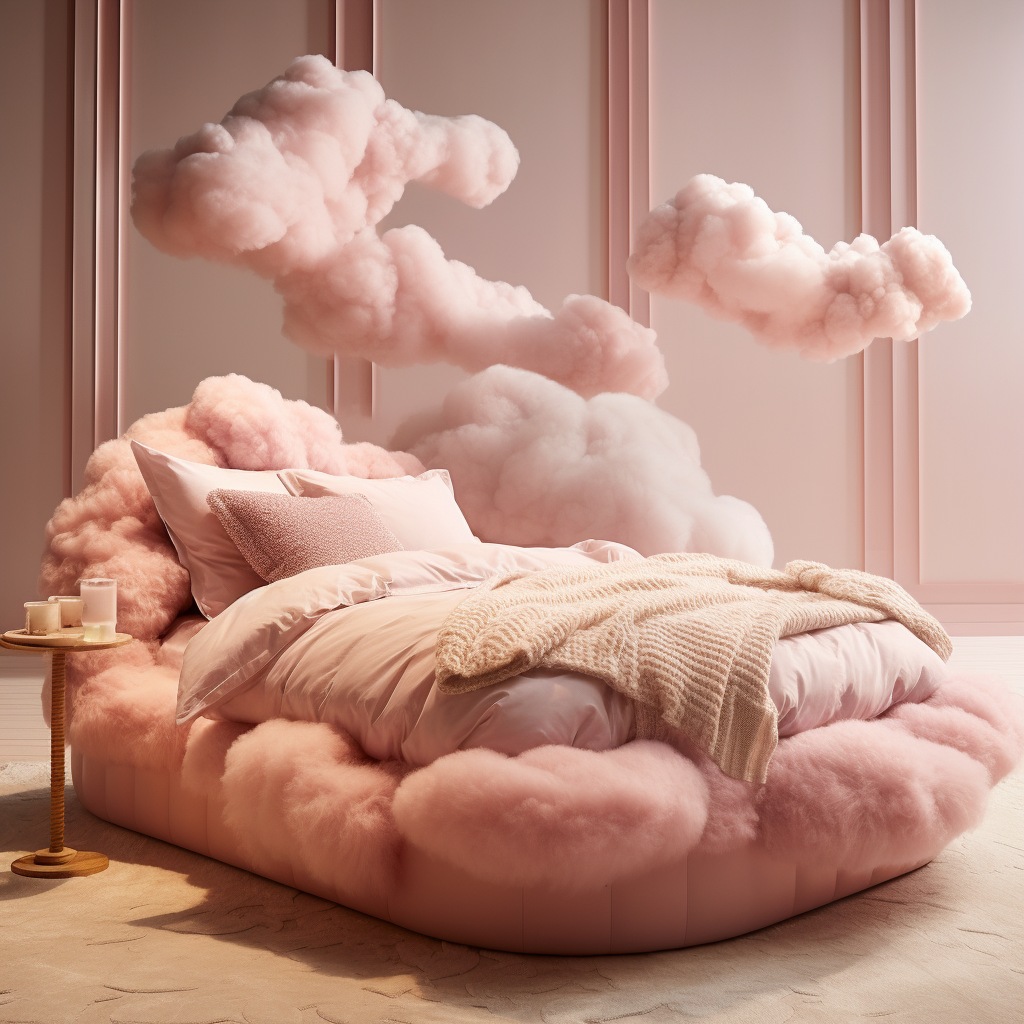An **awakening imagination** comes alive in a bedroom with a bed made out of pink clouds.