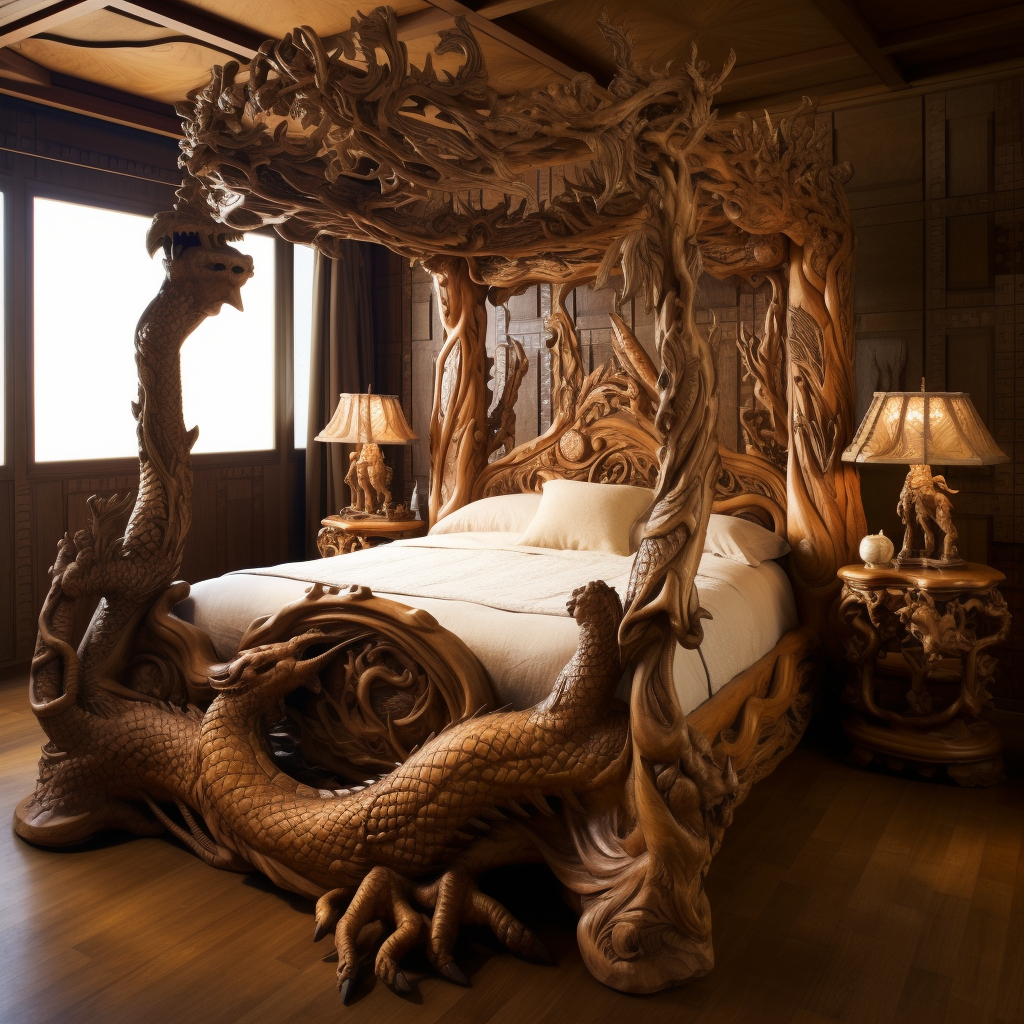 A wooden bed with a dragon carved into it, invoking a sense of Awakening Imagination.