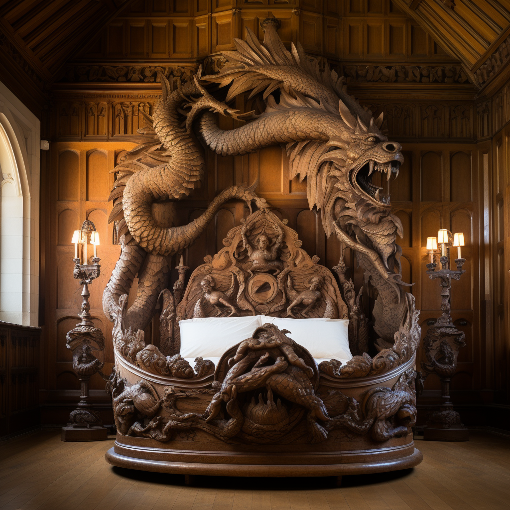 A dreamy wooden bed with a dragon on it, perfect for awakening imagination.