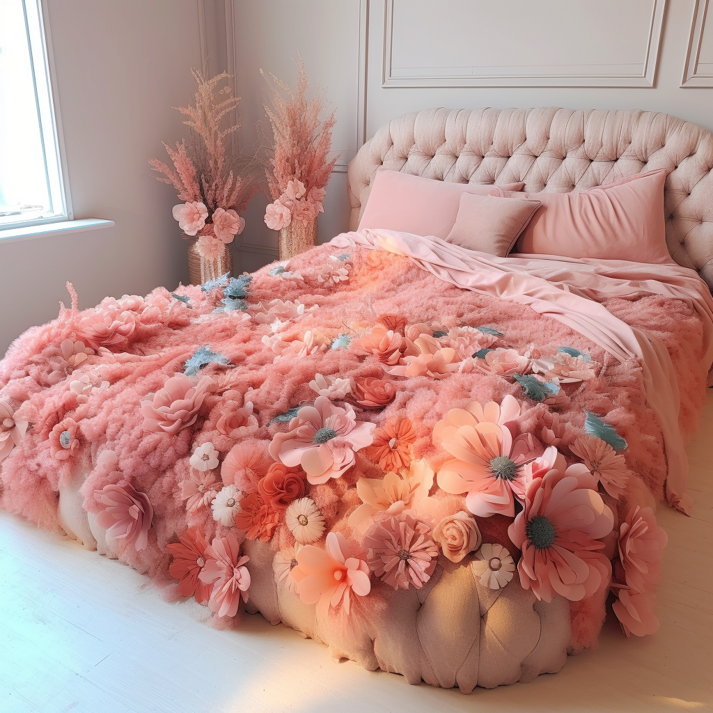 A dreamy pink bed adorned with pink flowers, awakening imagination and creating a fantastical atmosphere.