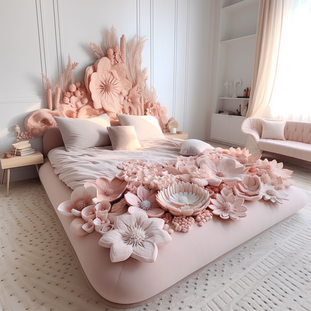 A fantasy bed with pink flowers on it, invoking dreamy design and awakening imagination.