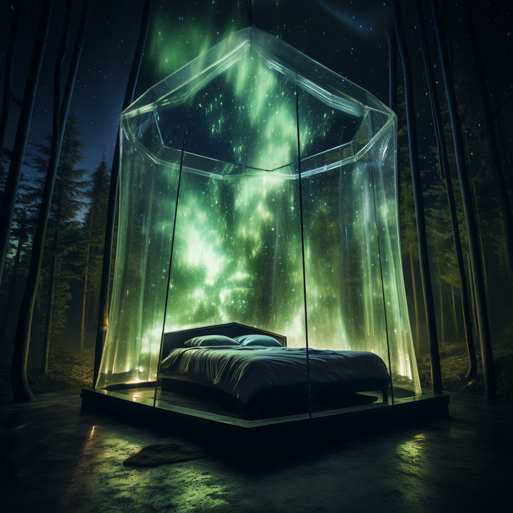Immerse yourself in a dreamy design with a bed in a glass dome. This enchanting setup awakens imagination and transports you to a world filled with fantasy beds.