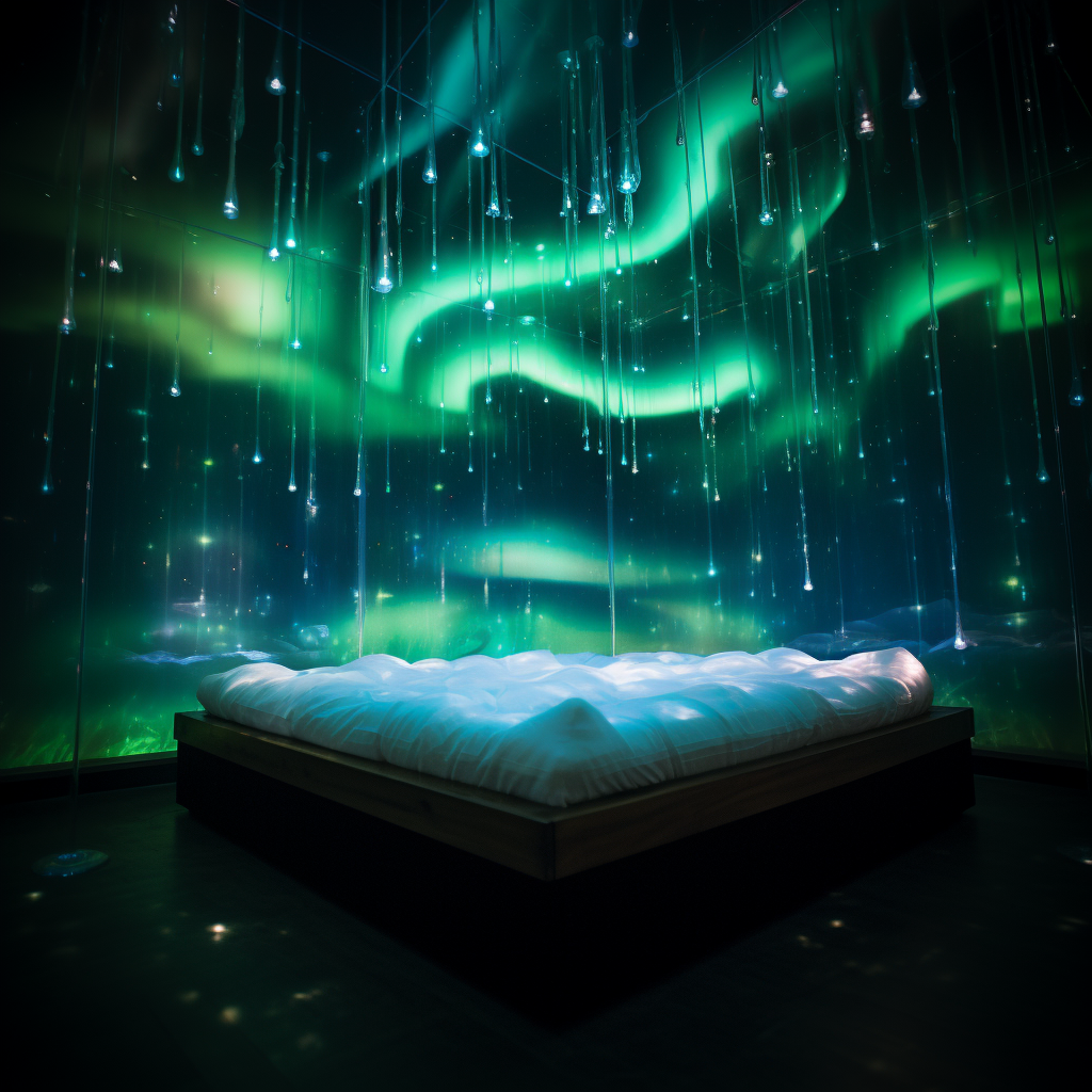 A dreamy bed in a room with an aurora bore.