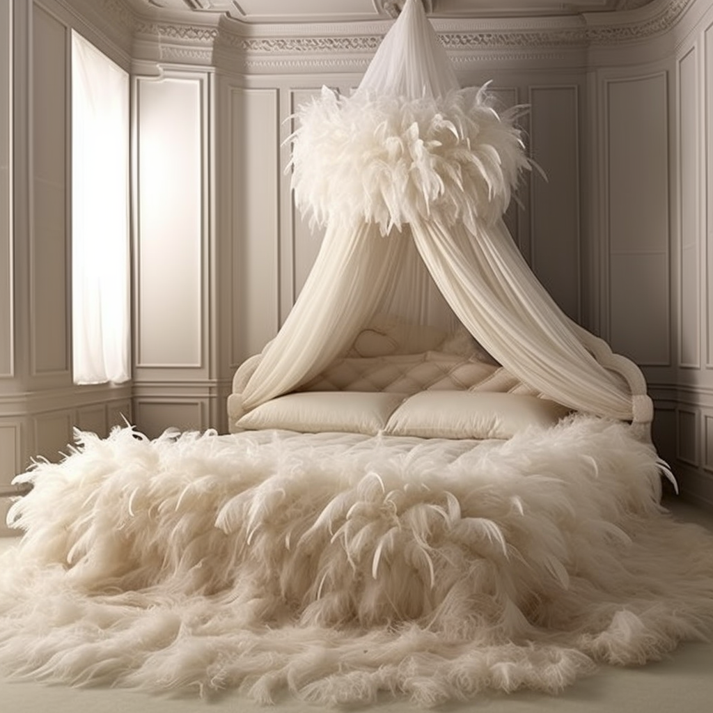 A dreamy bed covered in white feathers in a fantasy bedroom, awakening imagination.