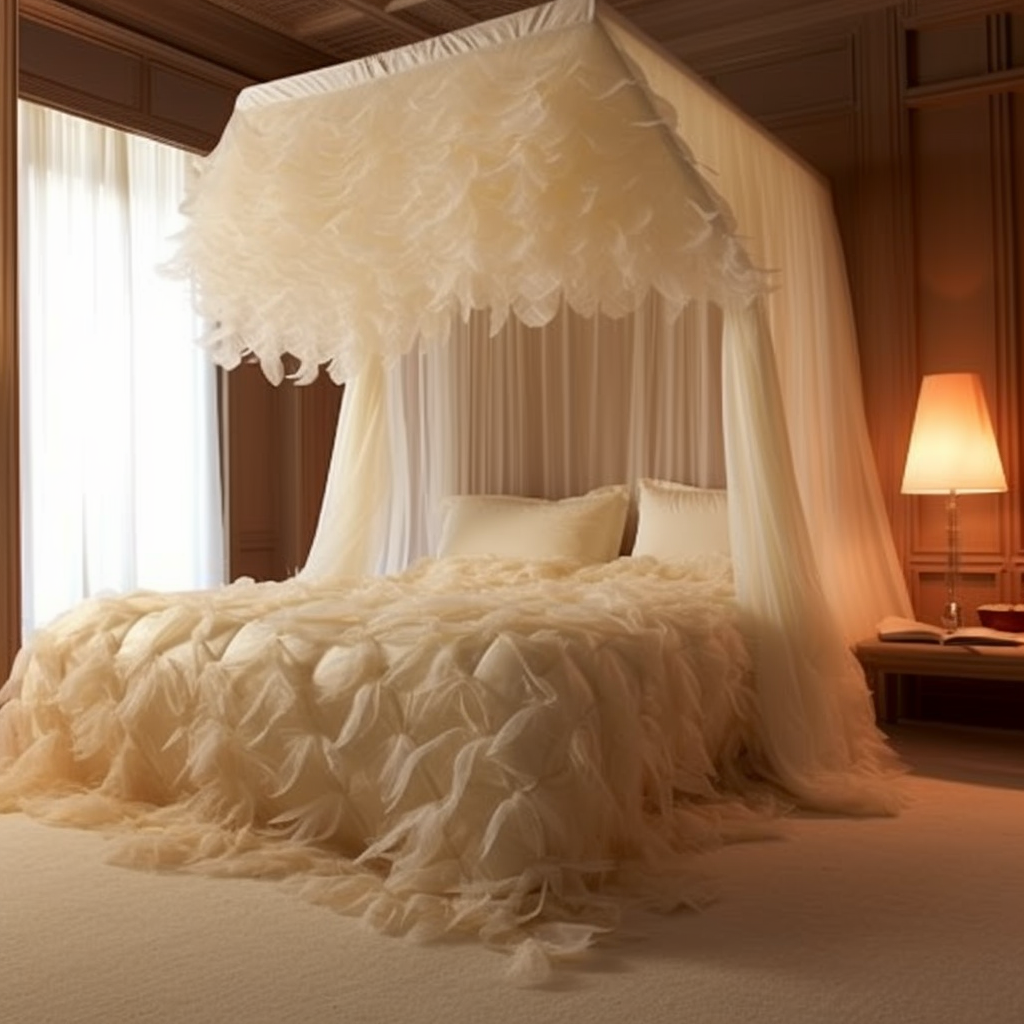 A dreamy white canopy bed in a fantasy bedroom, awakening imagination with its enchanting design.