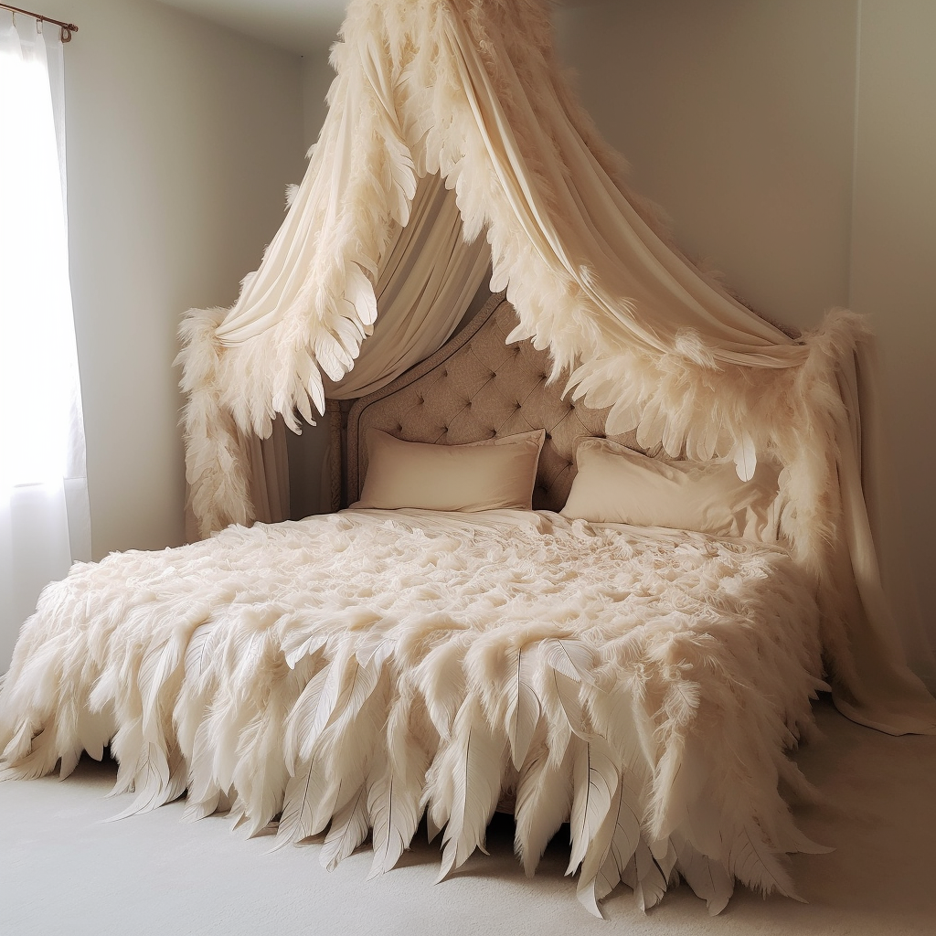 A dreamy bed with a feathered canopy.