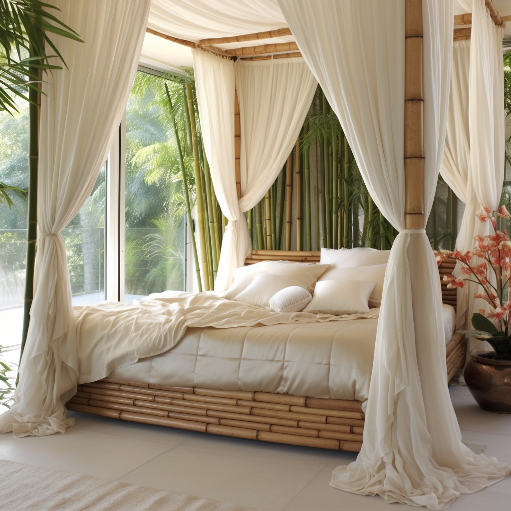 A dreamy bamboo canopy bed with white sheets, awakening imagination.