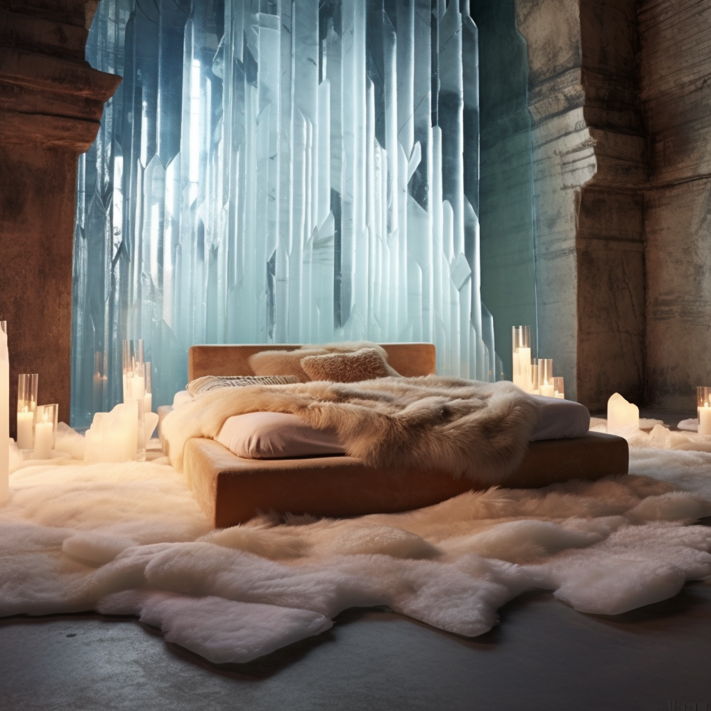 A fantasy bed in a room with candles and icicles, awakening imagination.