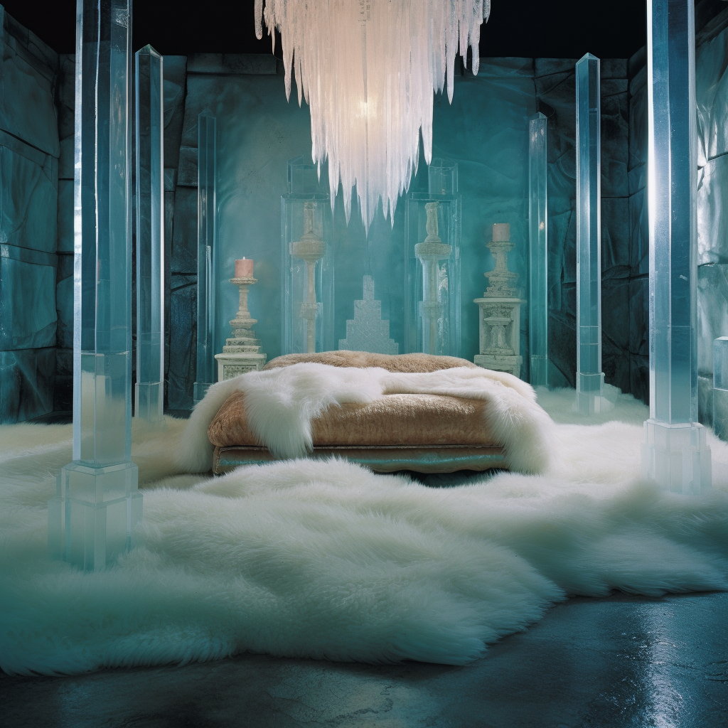 A dreamy room adorned with breathtaking ice sculptures and a whimsical bed, awakening imagination and transporting you to a world of fantasy.