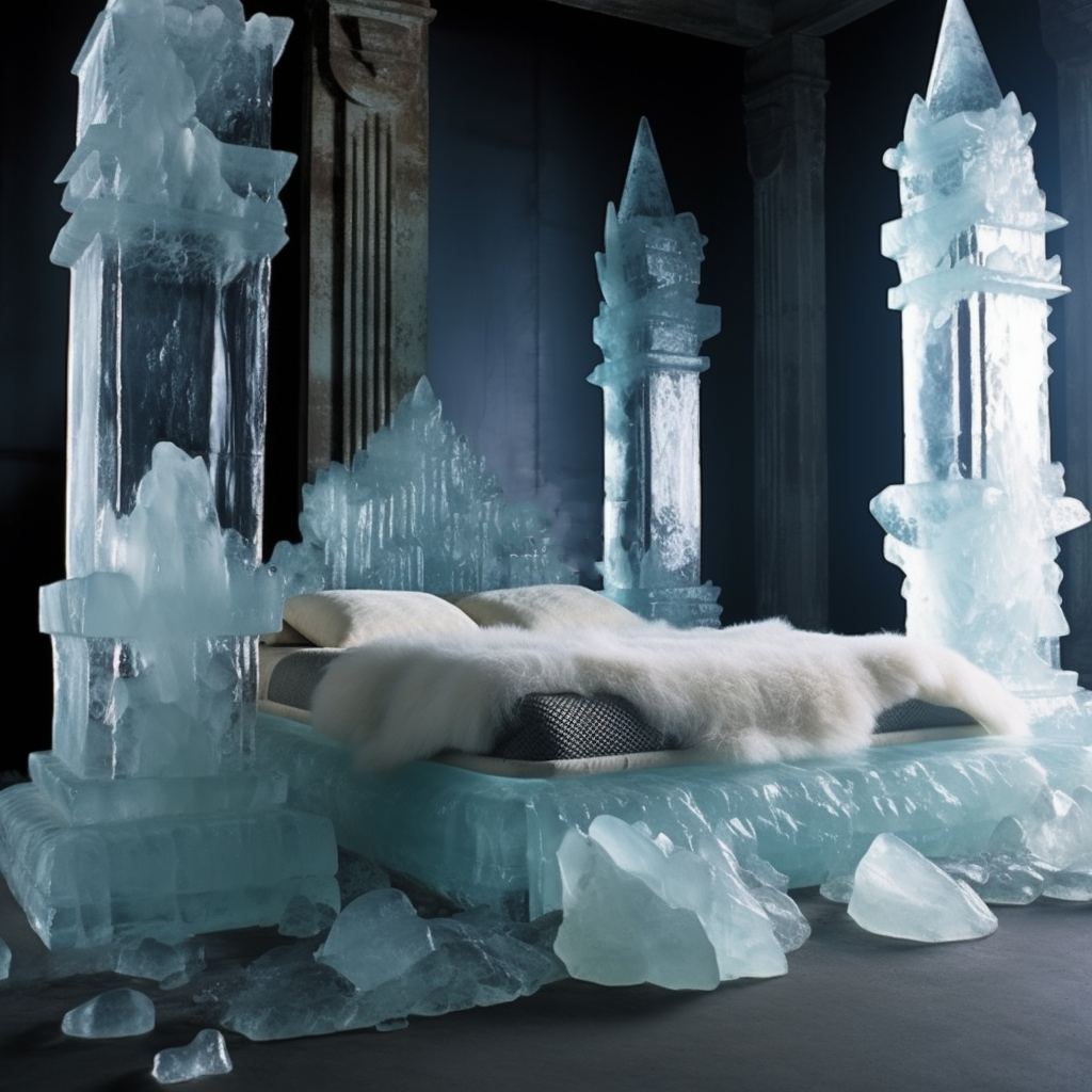 A Dreamy Design Bed made of ice with a castle in the middle, awakening imagination.