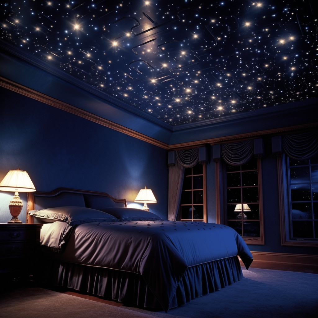 A dreamy bedroom with stars on the ceiling, perfect for awakening imagination and inspiring fantasy.
