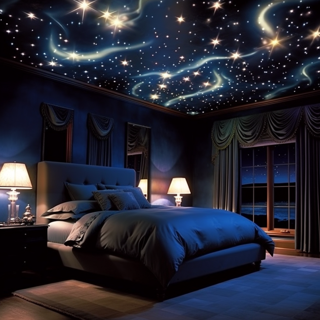 A dreamy bedroom with stars on the ceiling, igniting the imagination and awakening a sense of fantasy in its design.