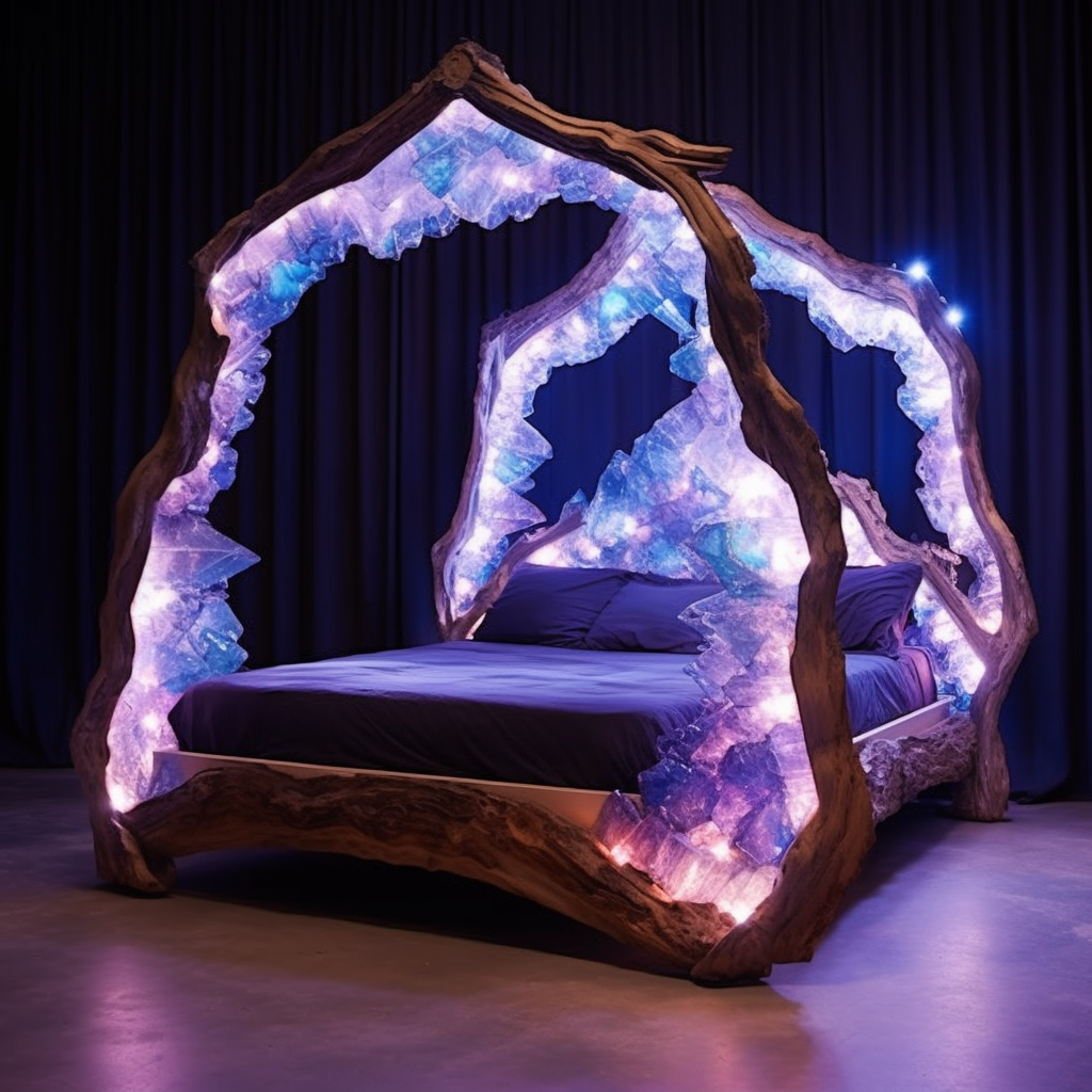 A dreamy bed made out of wood and crystals, designed to awaken imagination.