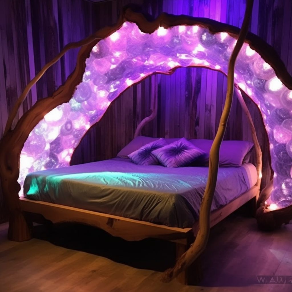 A dreamy bed made out of wood and lights, awakening imagination.