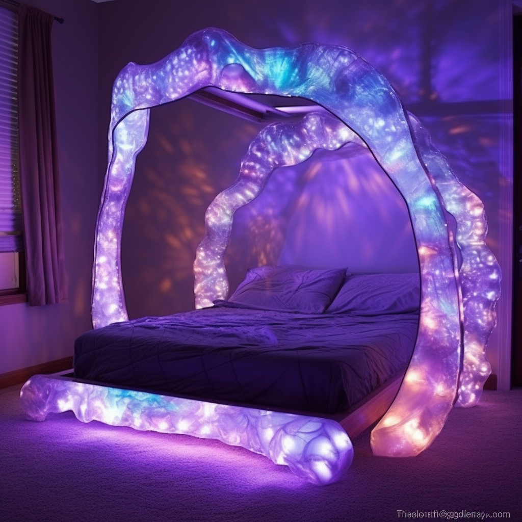 A fantasy bed that is lit up with purple and blue lights, awakening imagination.
