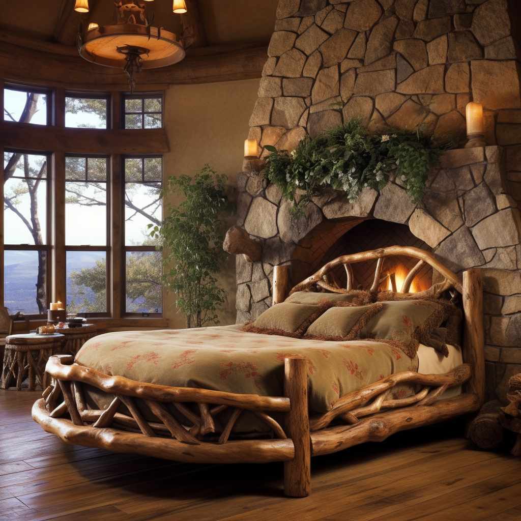 A log bed in a bedroom with a stone fireplace, creating a dreamy design.