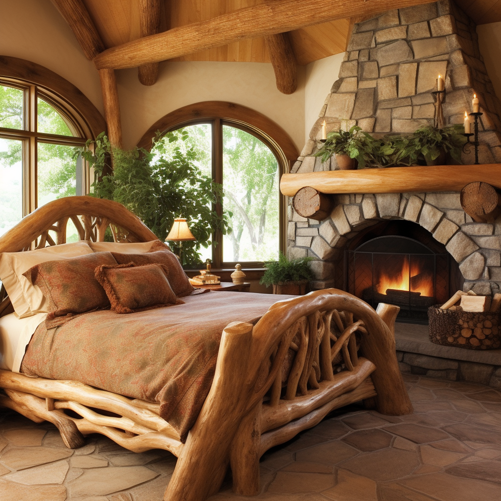 A dreamy bedroom with a log bed and a fireplace, perfect for awakening imagination.
