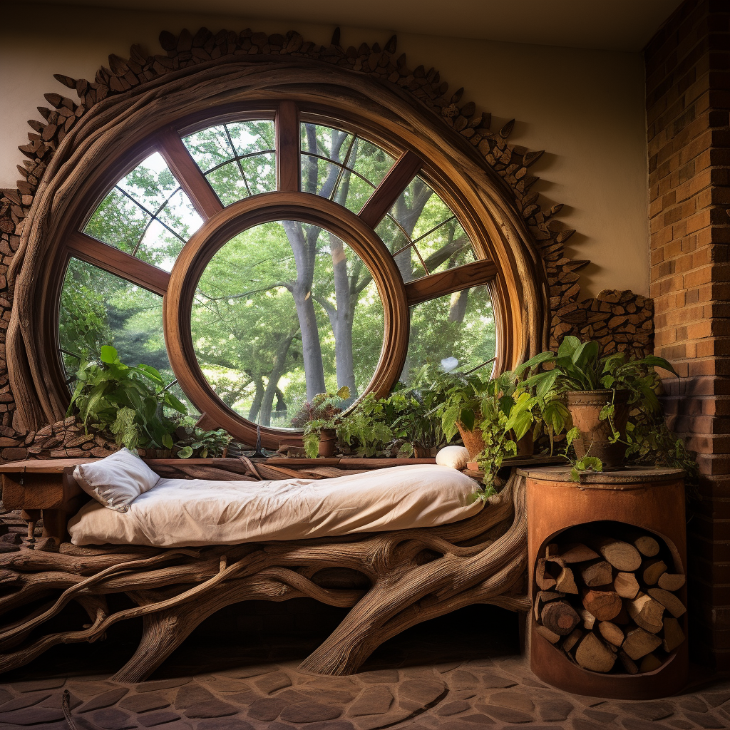 A dreamy bed in a room with a large window, awakening imagination with its fantasy design.