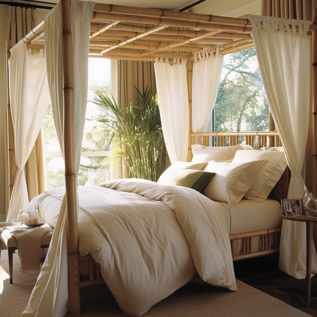 A dreamy bamboo canopy bed in a bedroom, awakening imagination.