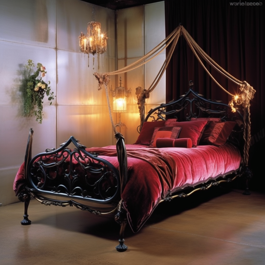A dreamy bed with a canopy and a chandelier, igniting imagination.
