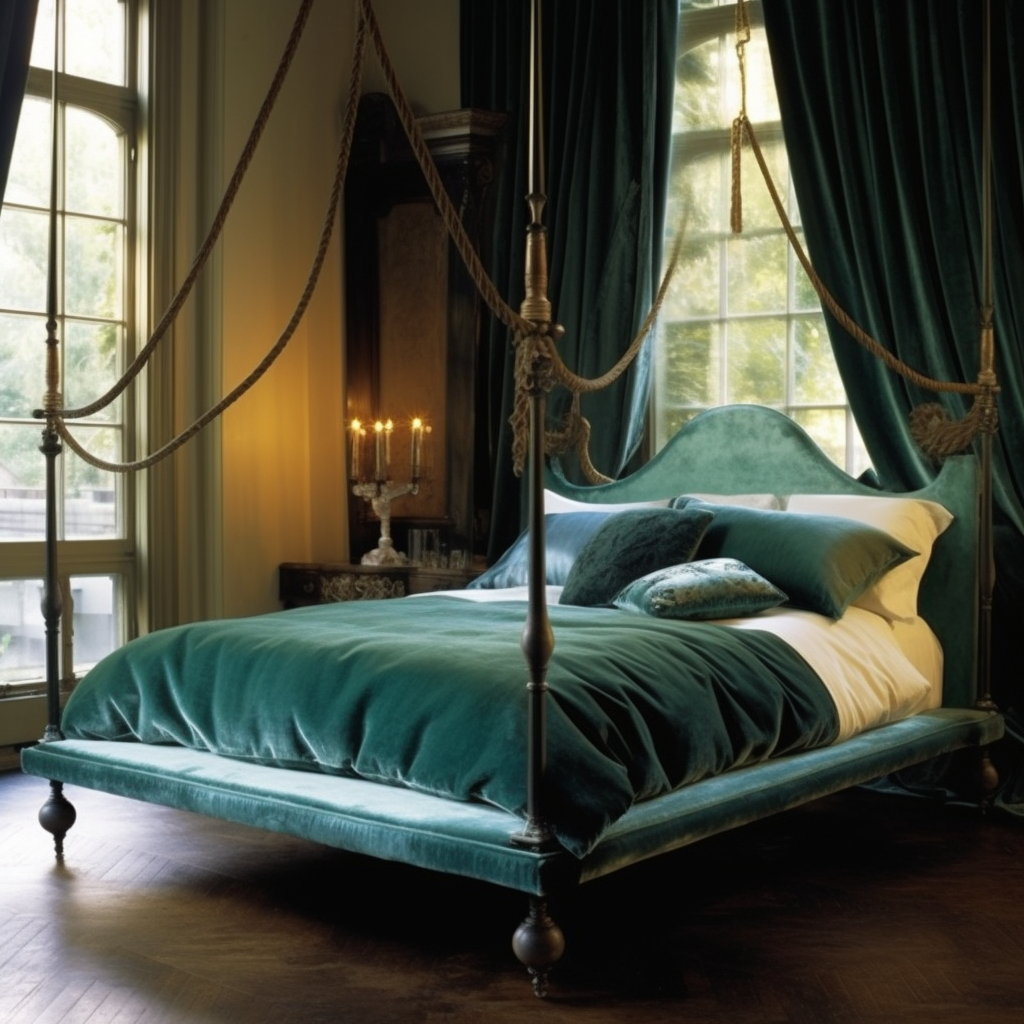 A dreamy bedroom with a green canopy bed.