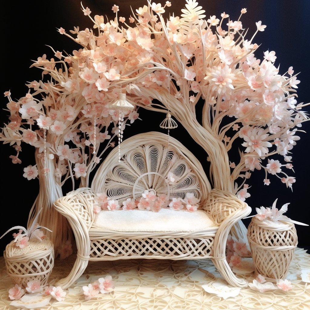 A wicker chair with a dreamy design and a tree in the background.
